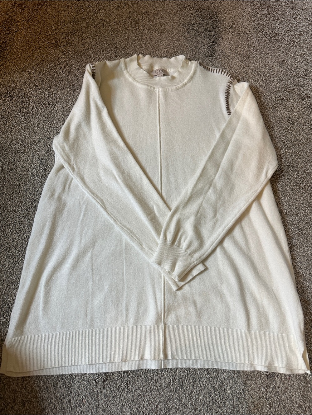LOGO by Lori Goldstein Cream Crewneck Sweater with Contrast Stitch